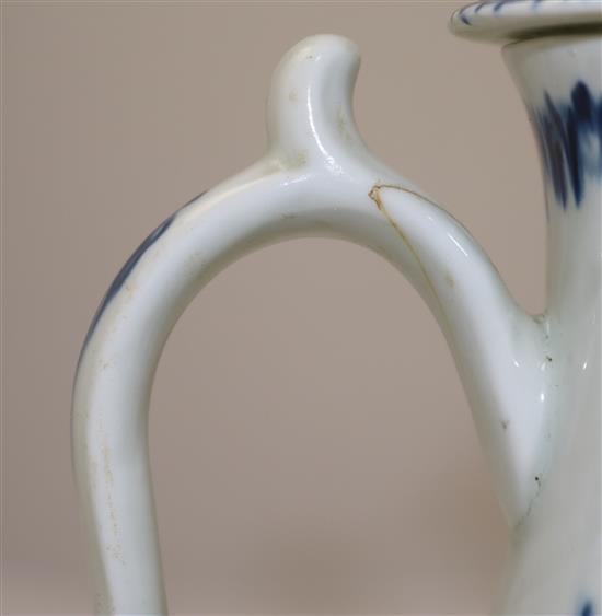 A Worcester feather moulded blue and white coffee pot, c.1760, 22cm, associated cover with re-glued finial